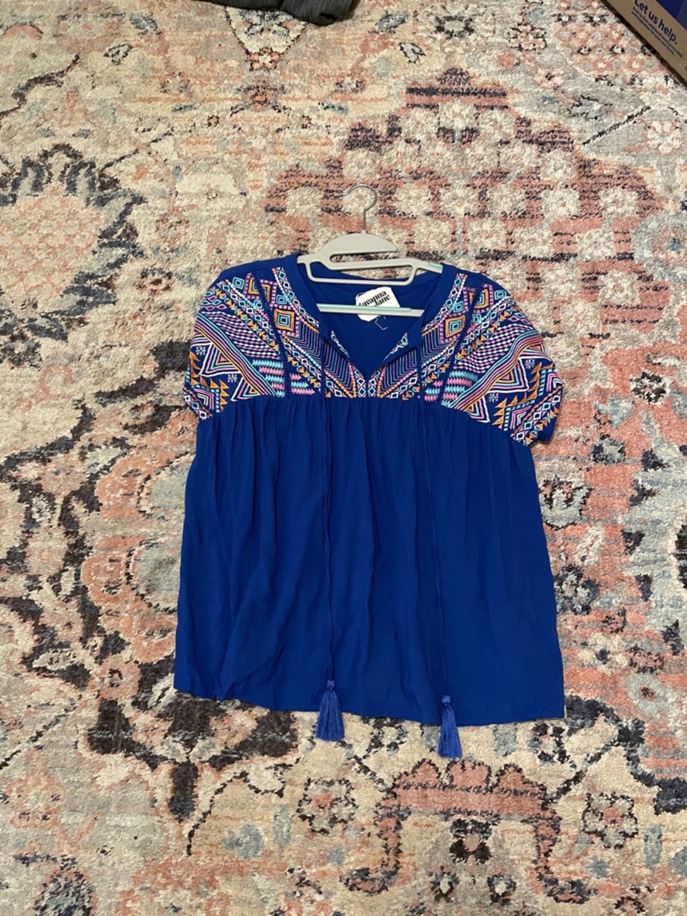 Savanna Jane Royal Blue Short Sleeve Embroidered Peasant Top